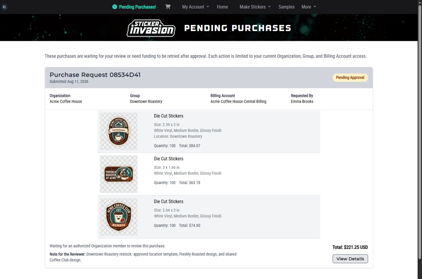Pending Purchases queue with an Acme request