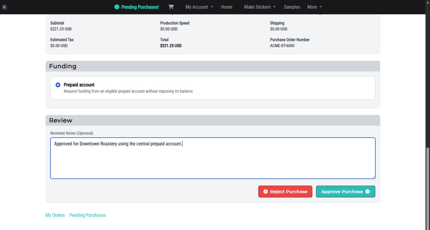 Acme purchase request decision page with Prepaid selected