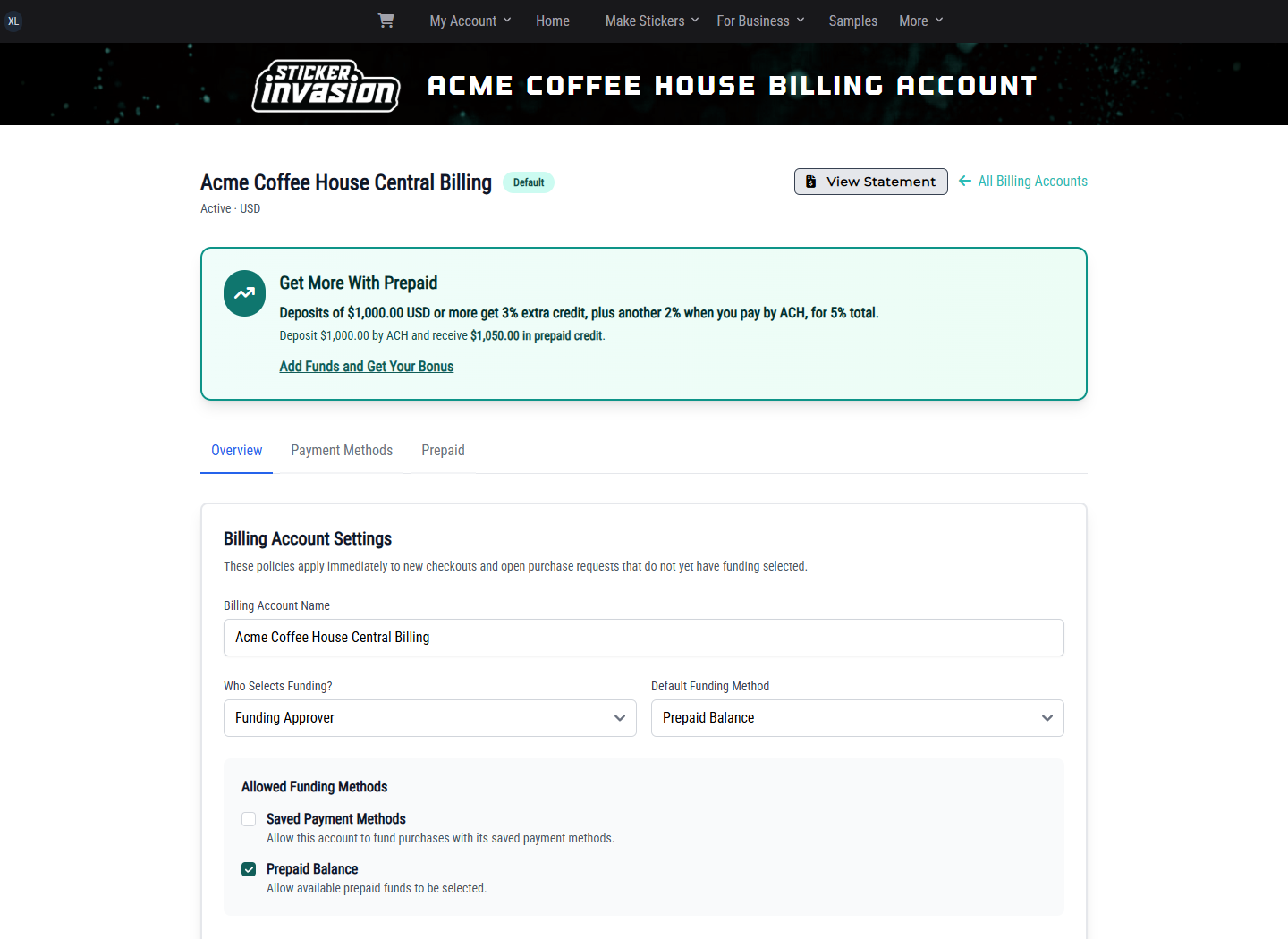 Acme Central Billing Account overview settings