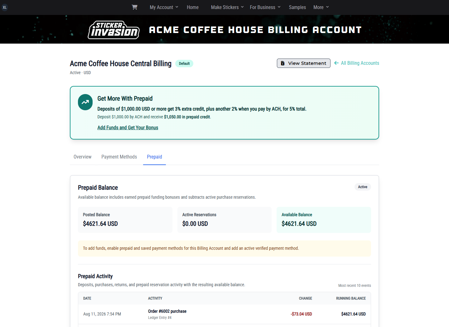 Acme prepaid balance, funding bonus offer, and activity after three multi-location Orders