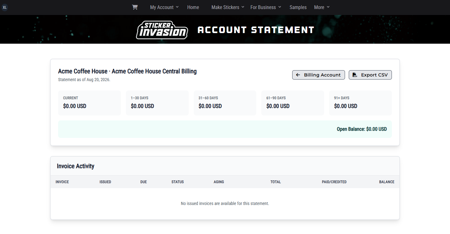 Acme Central Billing Account statement with zero invoice balance