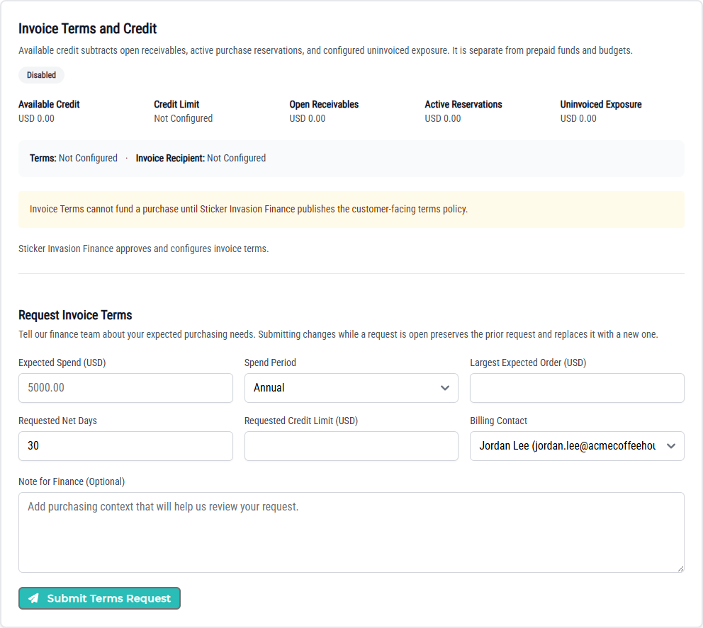 Invoice Terms request form for Acme Central Billing