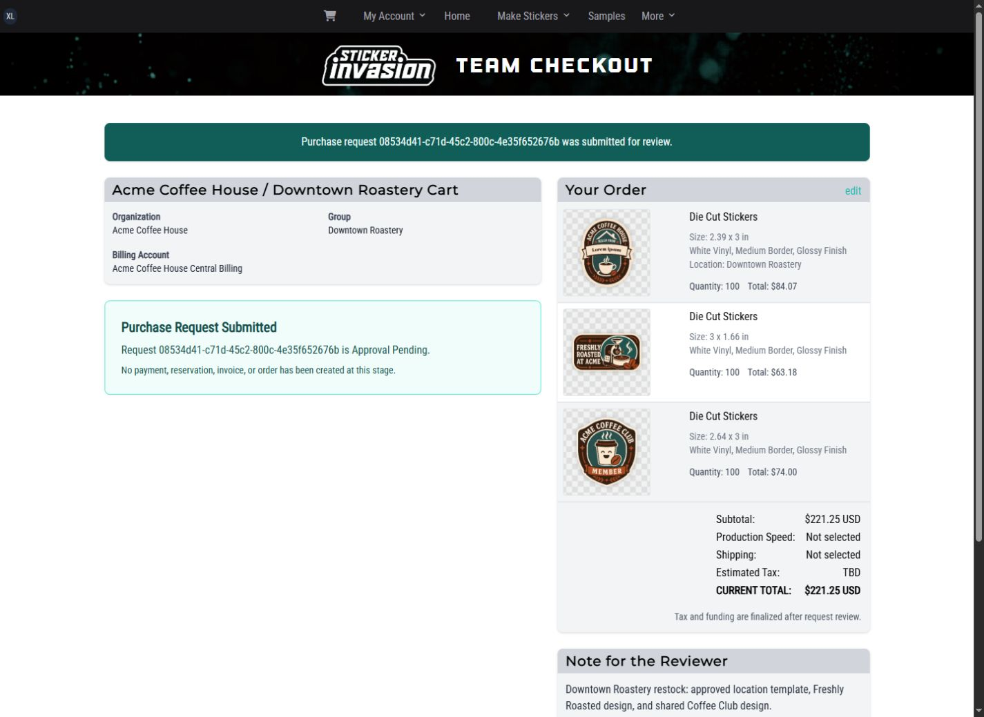 Submitted Downtown purchase request confirmation