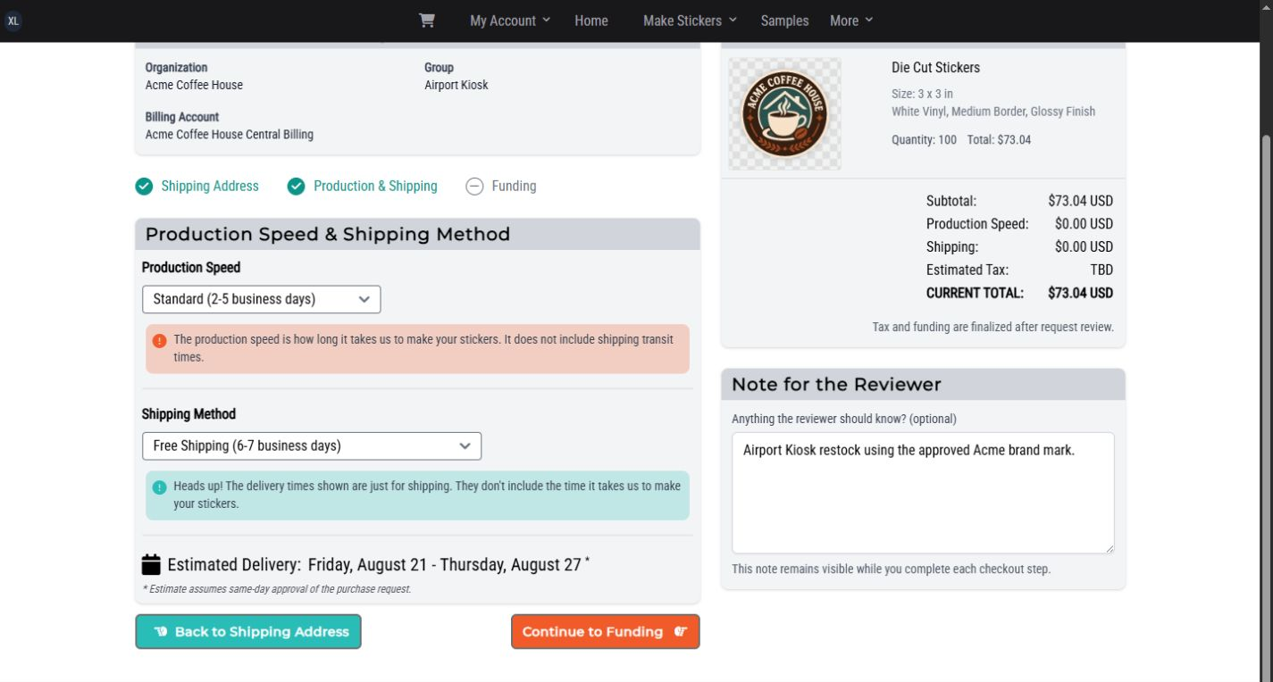 Airport checkout production and shipping method choices