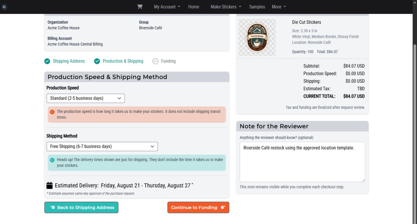 Riverside checkout production and shipping method choices