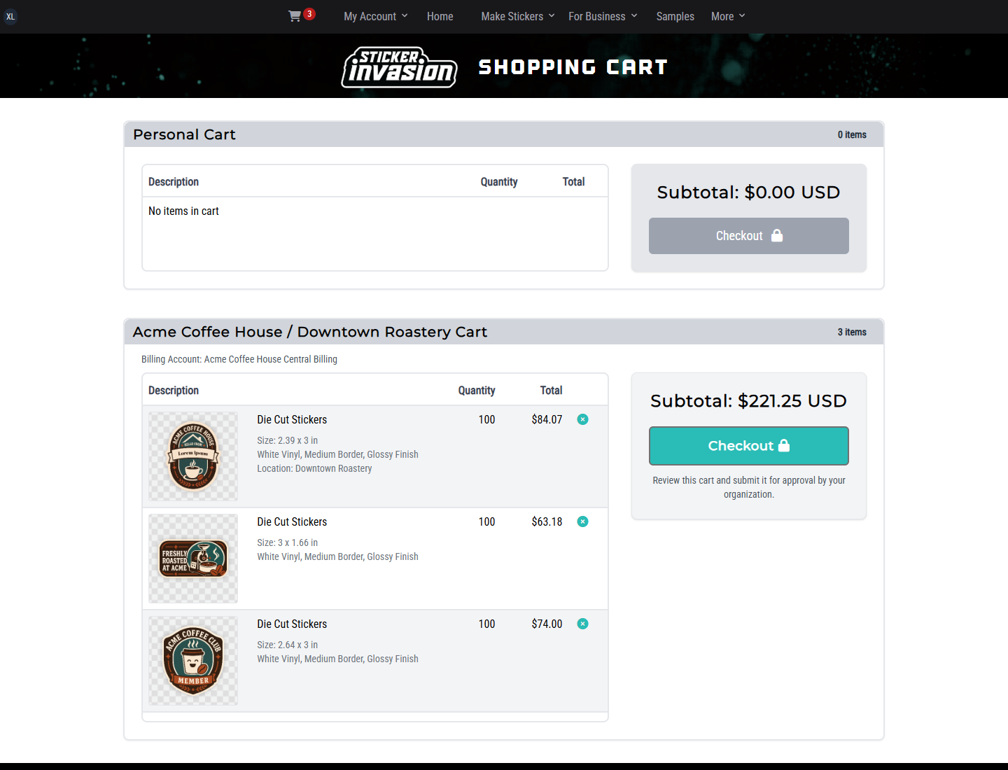 Acme Team cart with context and three design items