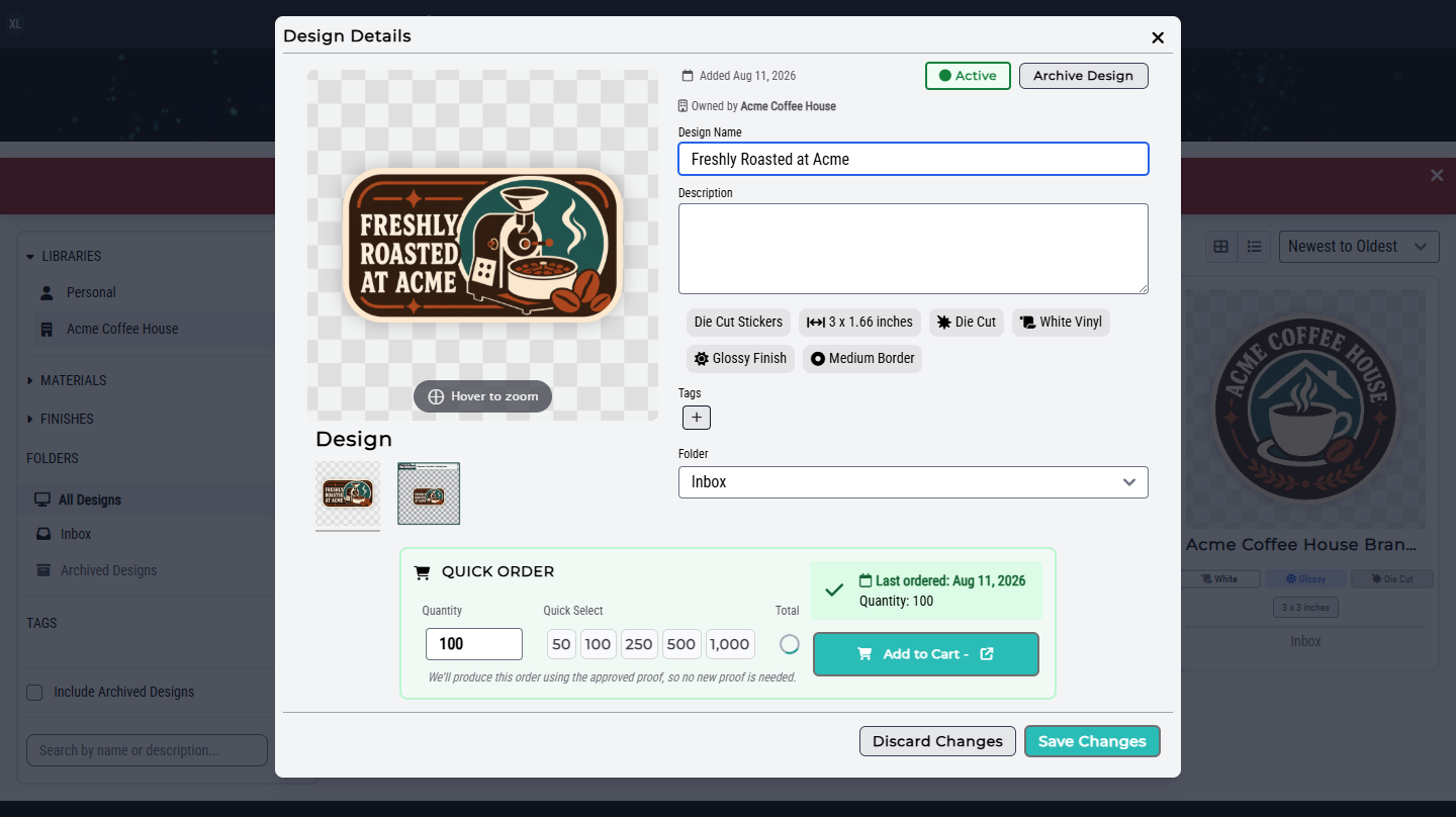 Organization Design details with editing and archive controls