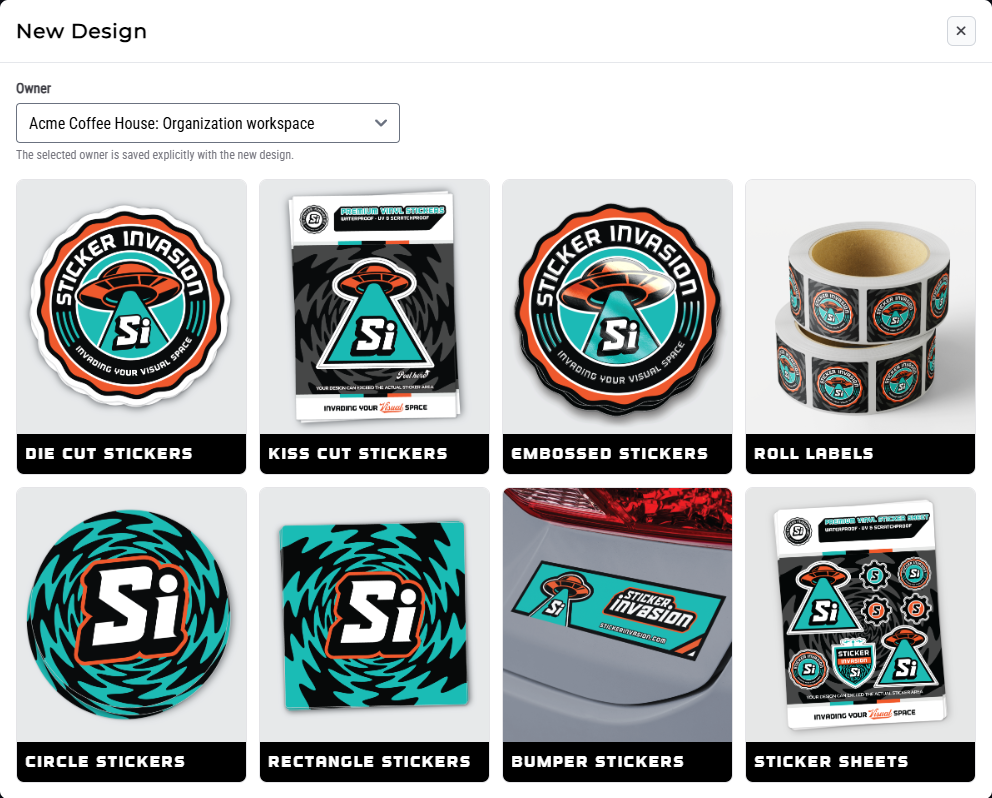 New Design product chooser with Acme Coffee House selected as owner