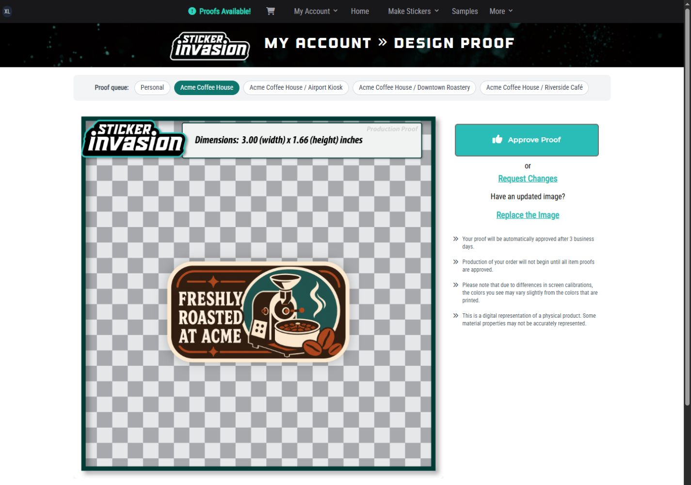 Customer design proof review with approval and revision actions