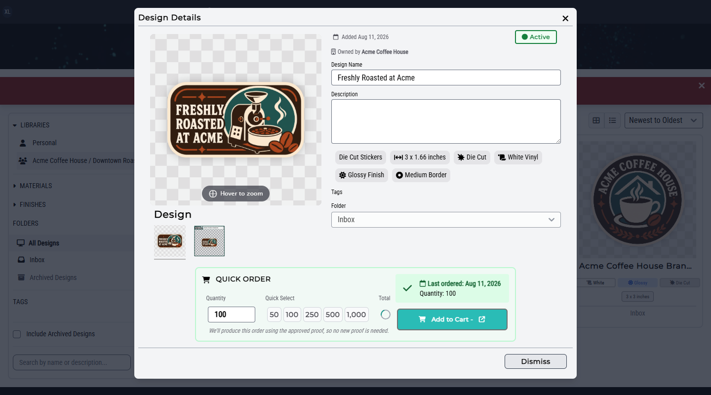 Approved Organization design Quick Order panel