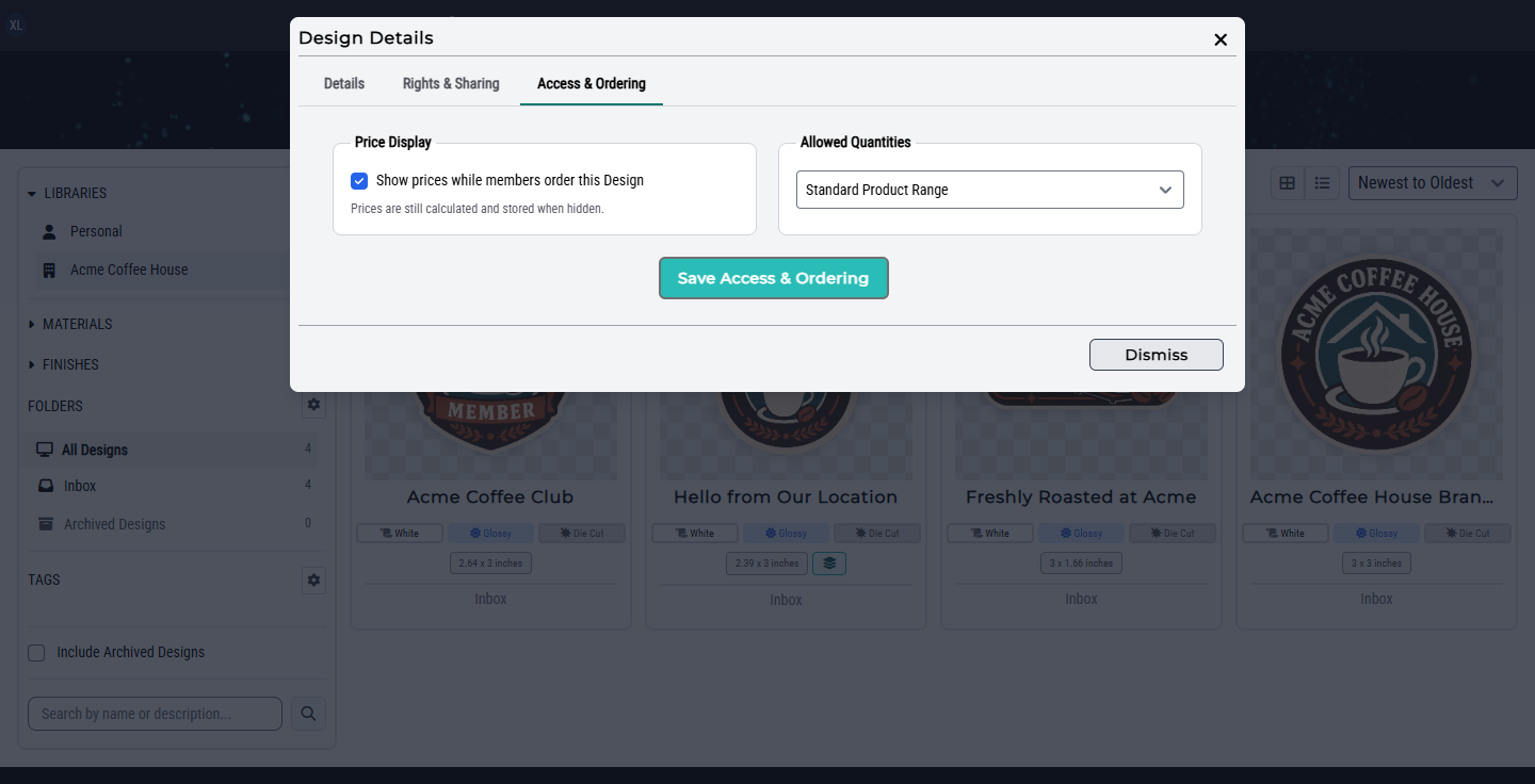 Organization design Access and Ordering settings
