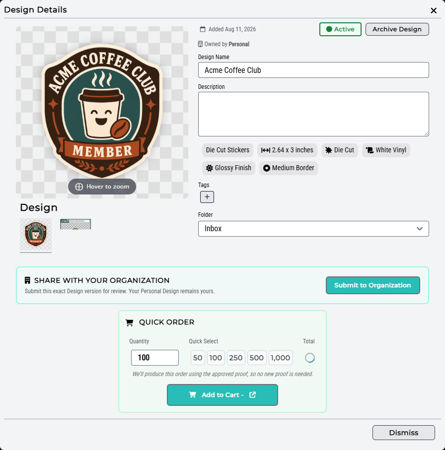 Approved Personal design with Submit to Organization action