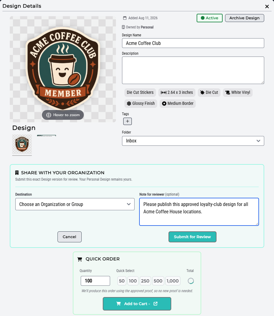 Design publication form with destination and reviewer note