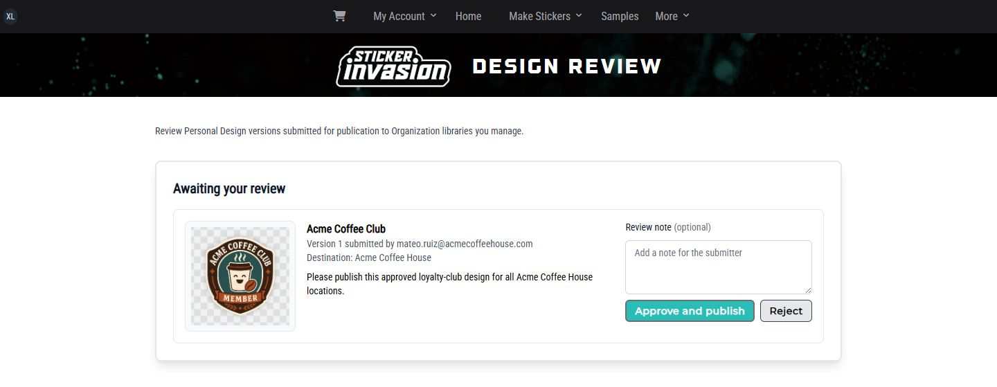 Pending Design Reviews queue with one Acme submission