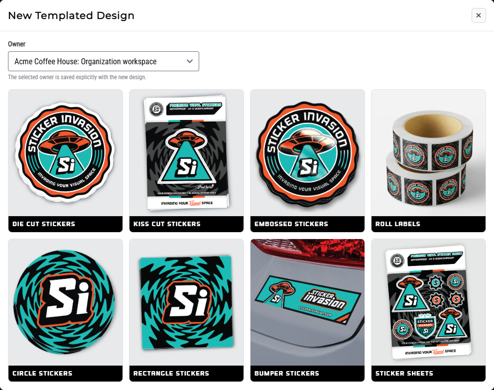 New Templated Design product chooser with Acme Coffee House selected as owner