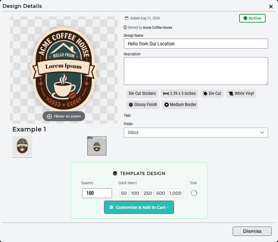 Approved Organization template with Customize and Add to Cart