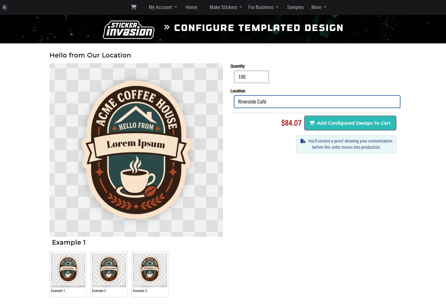 Riverside Café buyer configuring an approved location template