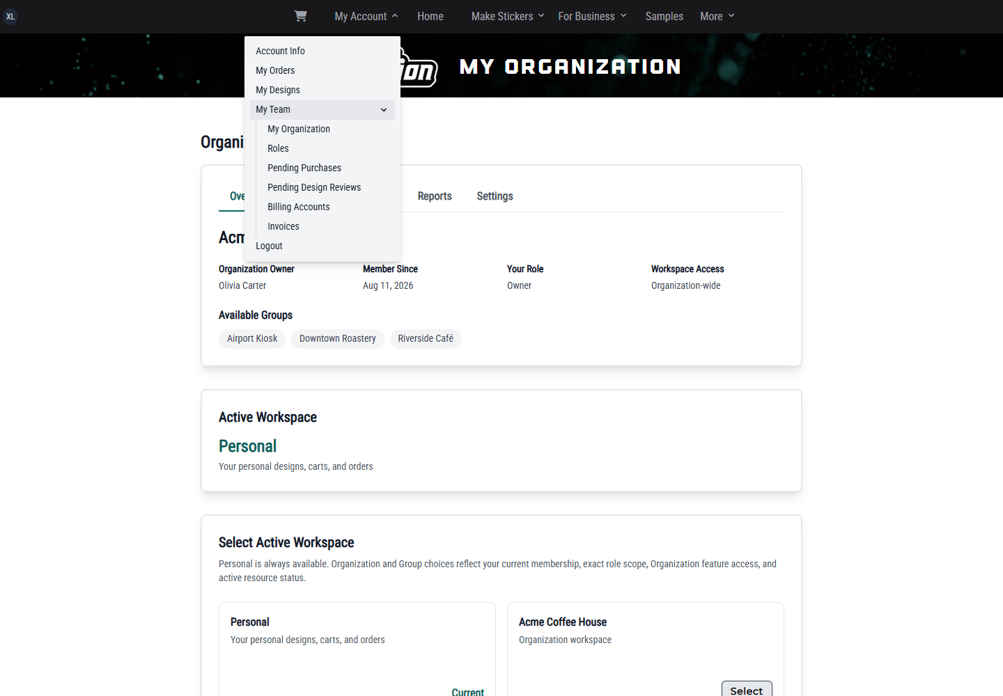 My Account navigation with the My Team menu and Organization link expanded