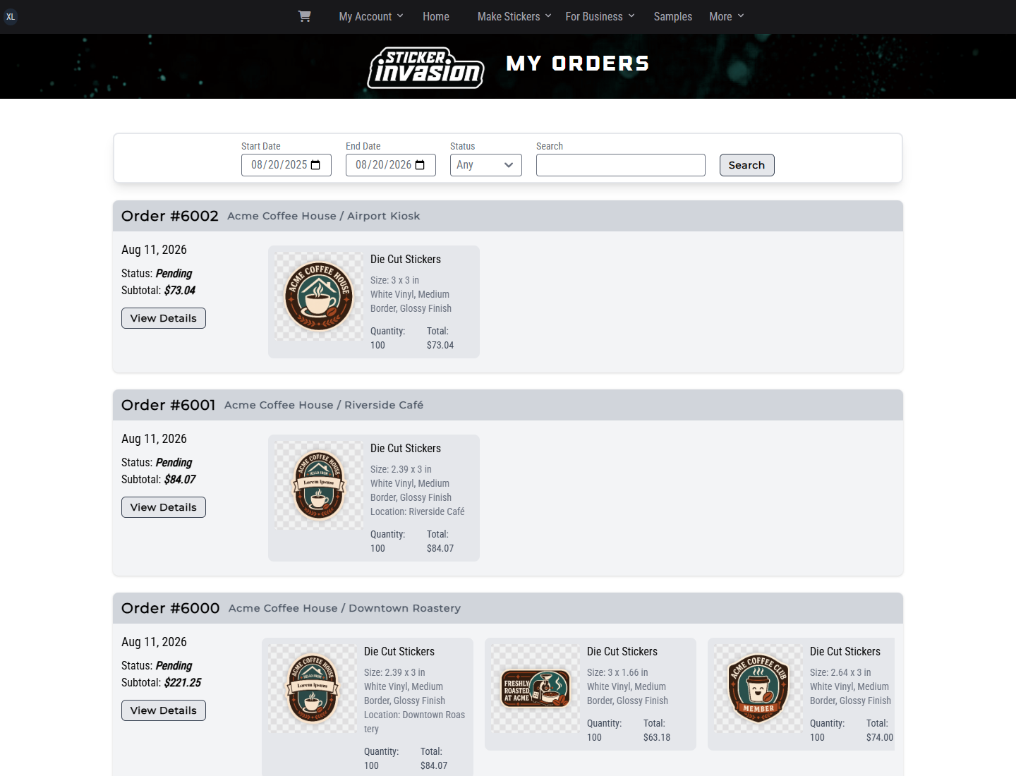 My Orders showing Downtown Roastery, Riverside Café, and Airport Kiosk Orders