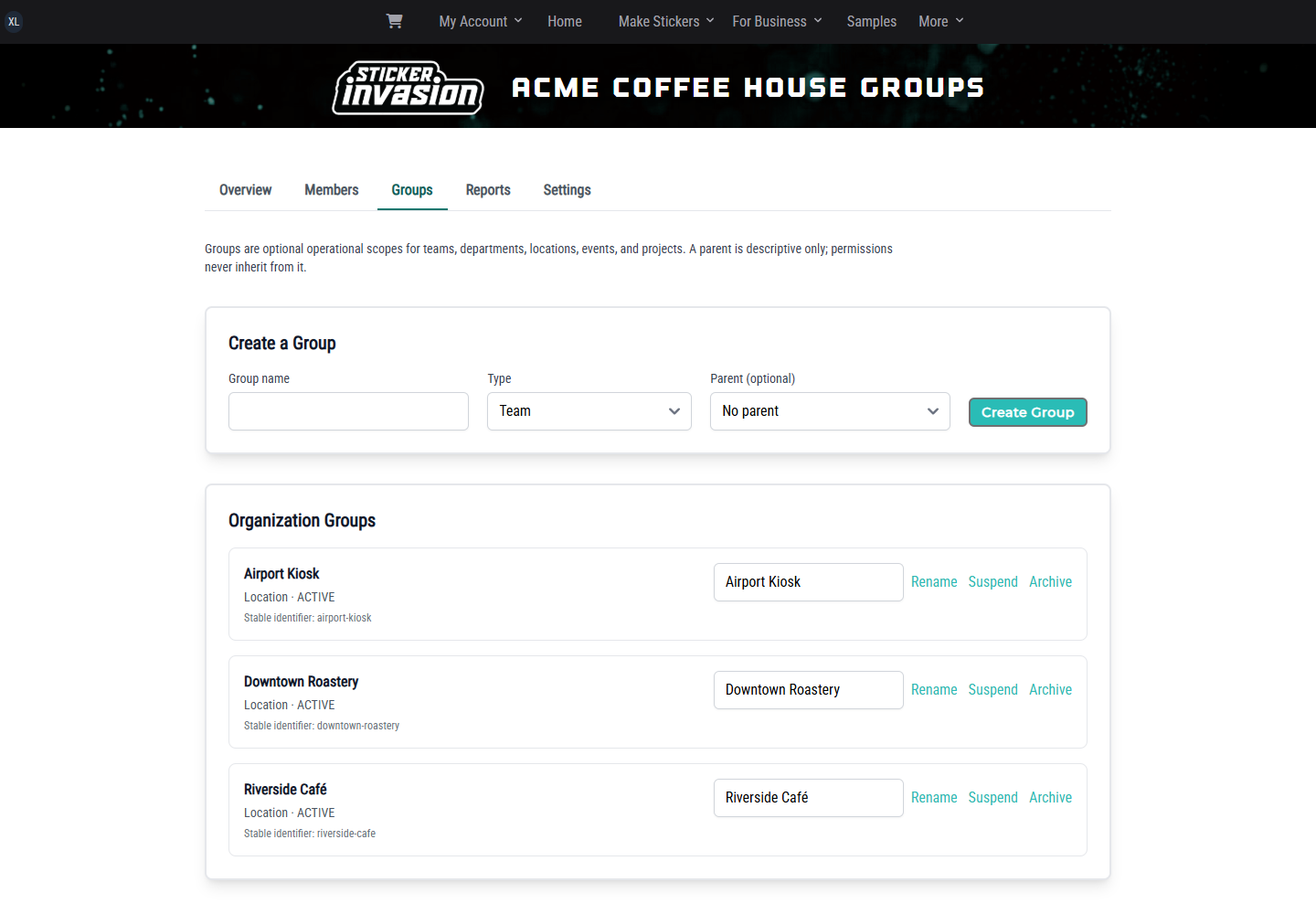 Location management page for Acme Coffee House