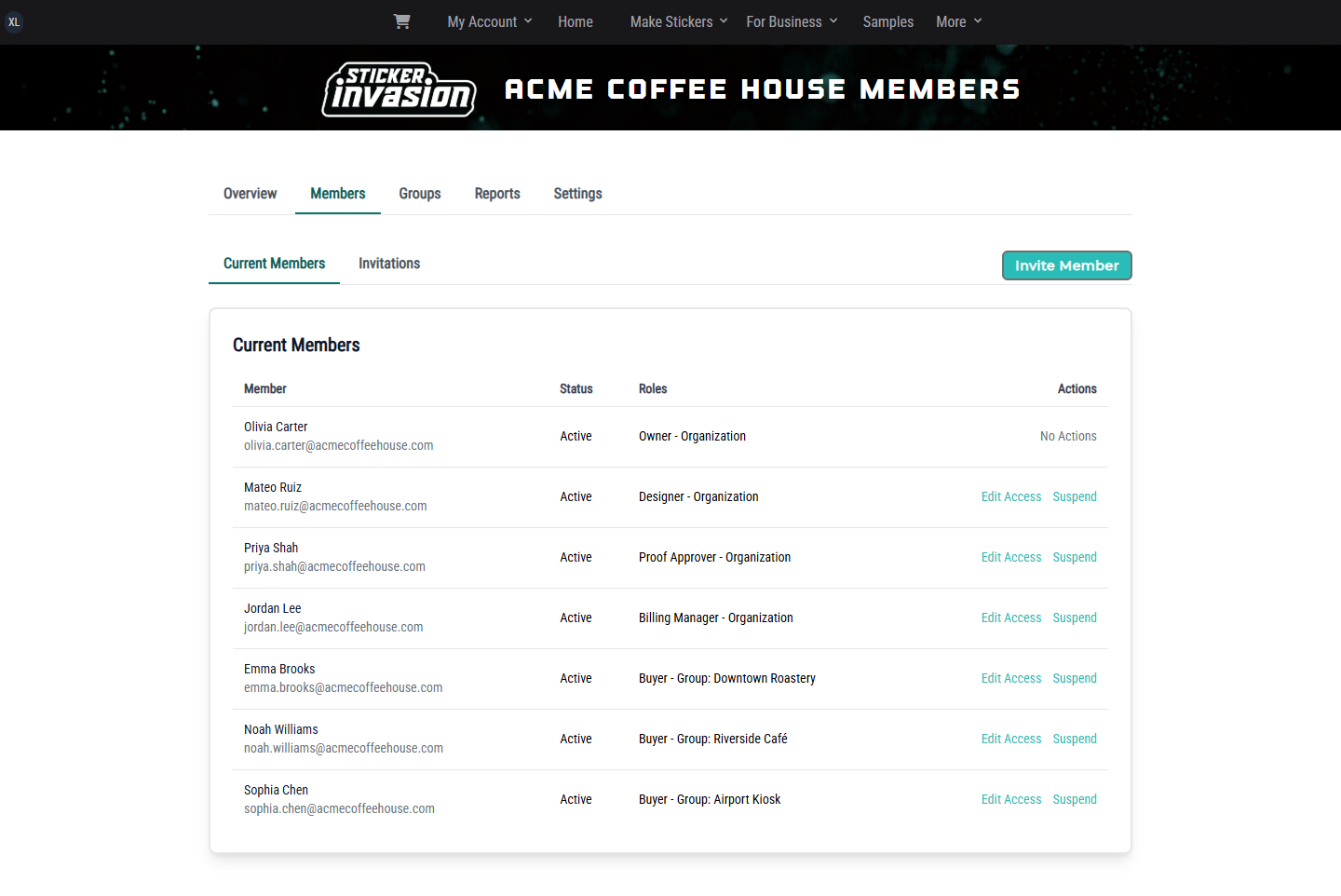 Acme Coffee House members and invitations page