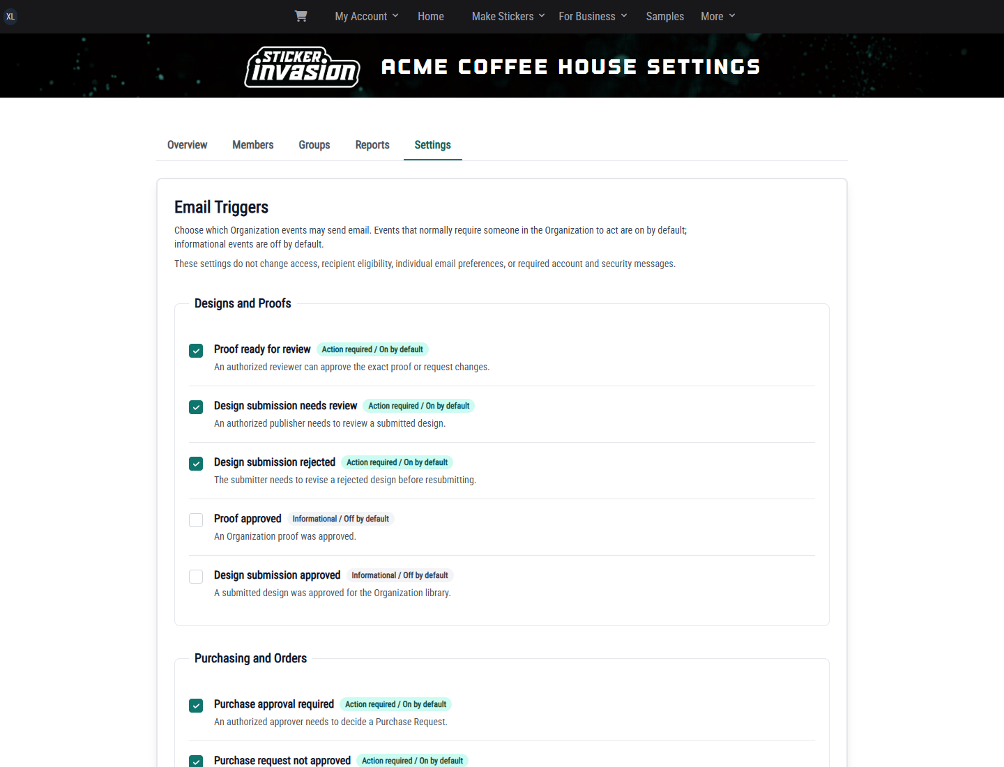 Acme Coffee House Email Triggers settings